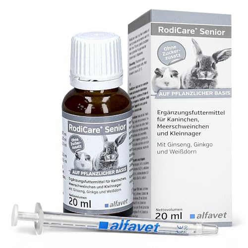 alfavet Rodicare Senior, Ergänzungsfuttermittel für ältere Kaninchen, Meerschweinchen und Kleinnager, mit Ginseng, Ginkgo, Weißdorn, ohne Zucker, Tonikum mit Dosierspritze, 20 ml von Alfavet