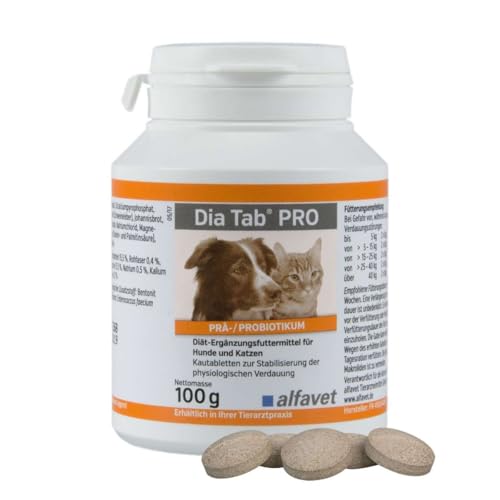 Alfavet Dia Tab PRO, Diät-Ergänzungsfuttermittel für Hunde und Katzen, Kautablette, Präbiotikum Probiotikum, 100 g Dose ca. 50 Tabletten von Alfavet