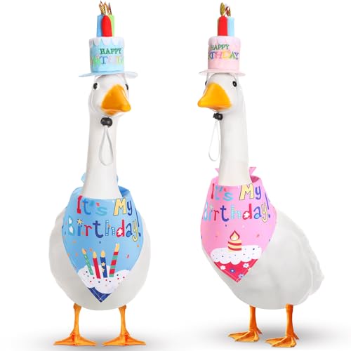 Aliceset Happy Birthday Gans Outfit Blau und Rosa Happy Birthday Veranda Gans Schild Dekoration mit Kuchenhut und Bandana für 58,4 cm Zement/Kunststoff Veranda Outdoor Statue Terrasse Hof Rasen Kunst von Aliceset