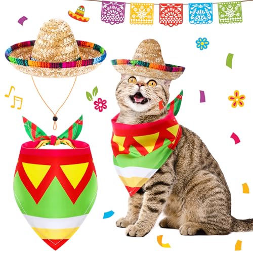 Aliceset Katzen-Sombrero-Hut-Set, lustiges mexikanisches Haustierkostüm mit Cinco de Mayo Fiesta, Haustier-Schal, Fiesta, Maracas, Hunde-Bandana, Dreieckstuch für mexikanische Party, Cinco de Mayo von Aliceset