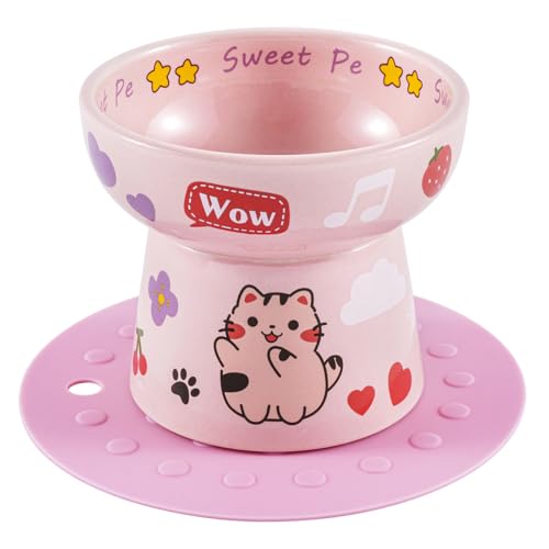 Erhöhter Keramik-Katzennapf mit Anti-Rutsch-Pad, Katzenfutterbehälter, erhöhtes Katzenmuster, Schalen mit Ständer, Bonbonfarben, niedlich, 12,2 cm, Rosa von All-Pie