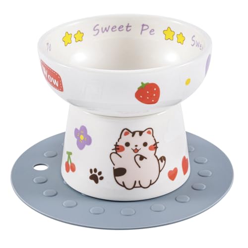 Erhöhter Keramik-Katzennapf mit Anti-Rutsch-Pad, Katzenfutterbehälter, erhöhtes Katzenmuster, Schalen mit Ständer, Bonbonfarben, niedlich, 12,2 cm, Weiß von All-Pie