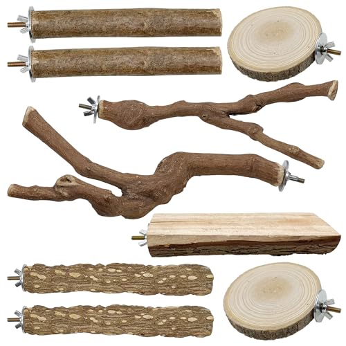 Allazone 9 Stück Naturholz Sitzstangen Set für Vögel, Papagei Schaukel Spielzeug, Vogelkäfig Zubehör von Allazone