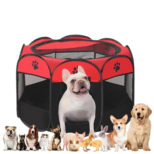 Welpenauslauf, Welpenlaufstall, Laufstall Hund, Katzengehege, 44.88 X 44.88 X 22.83in Hundelaufstall für Wohnung, Welpenauslauf Indoor, Laufstall Katze, Hasengehege, Kaninchengehege (Rot+Schwarz, L) von Alleshelfer