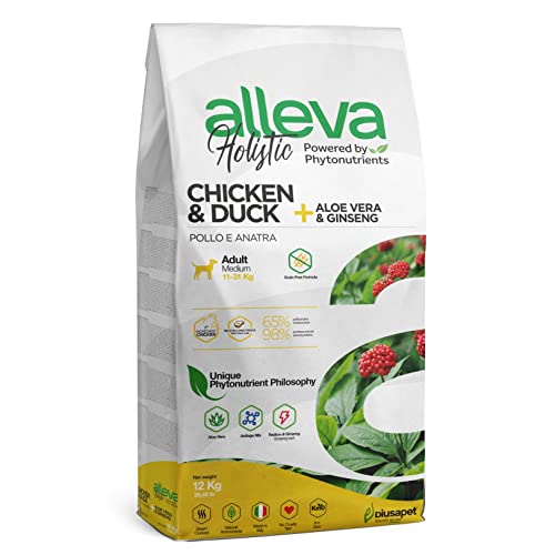 ALLEVA - Alleva Holistic Trockenfutter mit Huhn & Ente + Aloe Vera - Futter für Erwachsene Hunde - Medium - Fein zubereitetes Trockenfutter ohne Getreide - Trockenfutter 12 kg - Beutel von Alleva