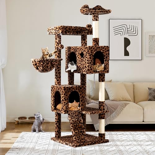 Allewie Katzenbaumturm, mehrstufiges Aktivitätszentrum für große Katzen, 2 Plüschhöhlen, 2 Sitzstangen, Korb, Haus, Sisal-Kratzstämme, hängendes Katzenspielzeug, Leopardenmuster, 162 cm von Allewie