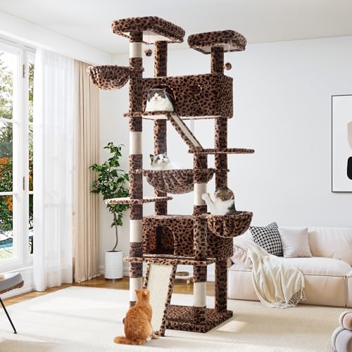 Allewie Kratzbaum, 205 cm hoch, Kletterhaus mit Mehreren Ebenen und Turmen für große Katzen, Miteigentümer und Hängematte, Kratzbaum, breite Basis, Leopardenmuster Allewie Kratzbaum, 205 cm hoch, Kletterhaus mit Mehreren Ebenen und Turmen für große Katzen, Miteigentümer und Hängematte, Kratzbaum, breite Basis, Leopardenmuster von Allewie