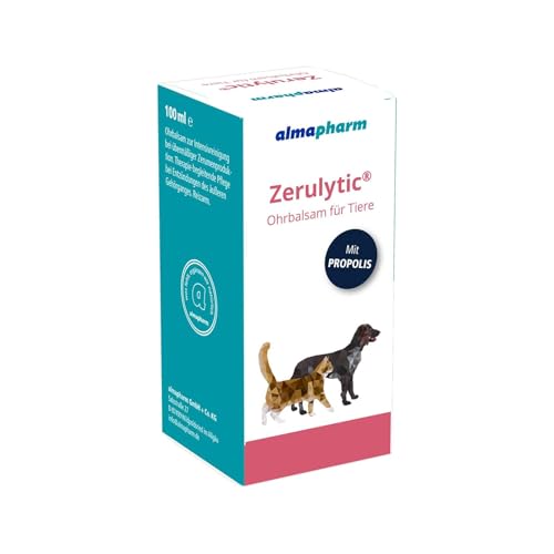 almapharm Zerulytic | 100 ml | Ohrbalsam für Tiere | Zur Intensivreinigung bei übermäßiger Zerumenproduktion | Therapiebegleitende Pflege bei Entzündungen des äußeren Gehörganges von almapharm