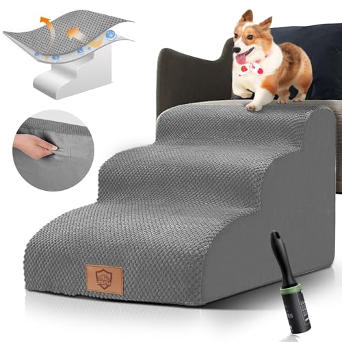 Almcmy Haustiertreppe für kleine Hunde, 3-stufige Hunderampe aus hochdichtem Schaumstoff mit rutschfester Unterseite, 39,9 cm Haustierstufen für hohe Betten, Couch, ideal für ältere / verletzte Hunde von Almcmy