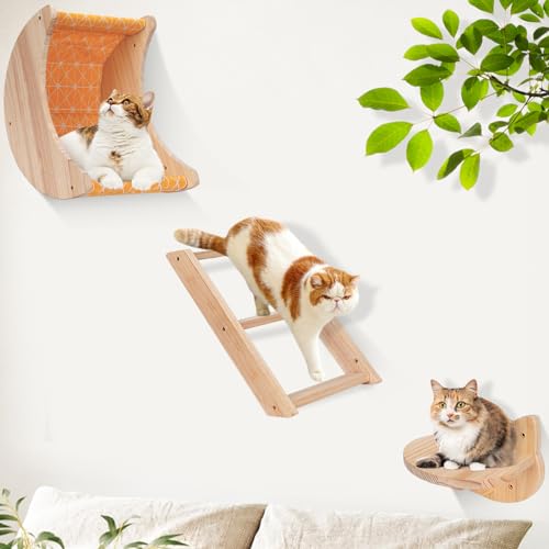 Katzenhängematte zur Wandmontage, 3 Stück hölzerne Katzen-Wandregale, Mond Katze Sitzstangen Katzenkletterregal mit 3 Stufen, Kätzchen-Sitzstange, Plattform, Katzentreppe, Katzen-Wandbett und Möbel von Almcmy