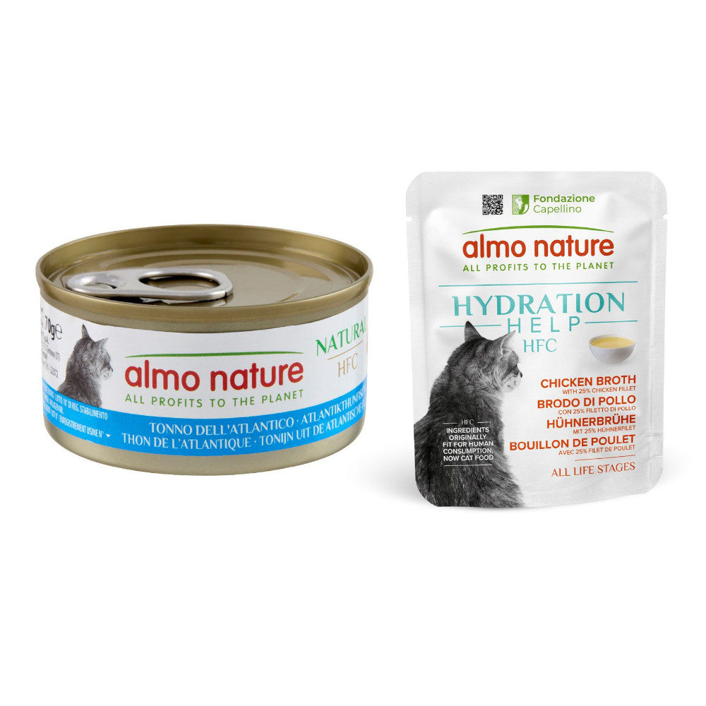 12 x 70 g Almo Nature HFC Natural + 6 x 50 g Hydration Help gratis! - Atlantikthunfisch + Hühnerbrühe mit Hühnerfilet von Almo Nature 70g