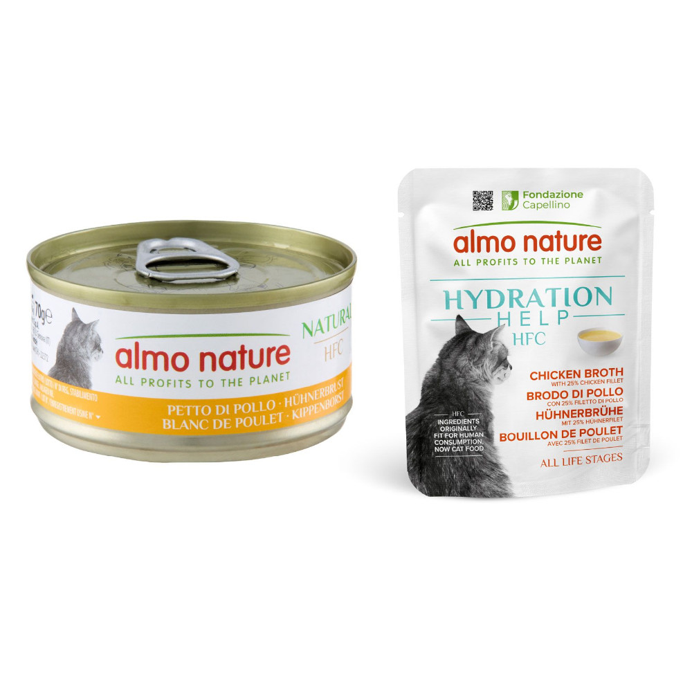 12 x 70 g Almo Nature HFC Natural + 6 x 50 g Hydration Help gratis! - Hühnerbrust + Hühnerbrühe mit Hühnerfilet von Almo Nature 70g