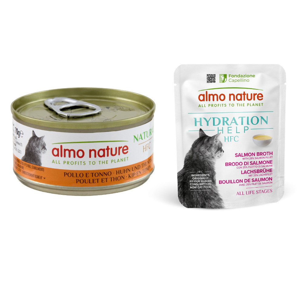 12 x 70 g Almo Nature HFC Natural + 6 x 50 g Hydration Help gratis! - Huhn & Thunfisch + Lachsbrühe mit Lachsfilet von Almo Nature 70g