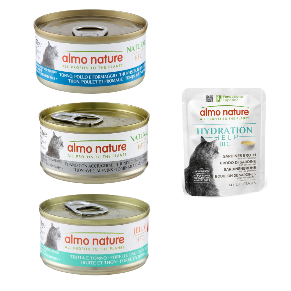 12 x 70 g Almo Nature HFC Natural + 6 x 50 g Hydration Help gratis! -Mixpaket Thunfisch (3 Sorten) + Sardinenbrühe mit Sardinen von Almo Nature 70g