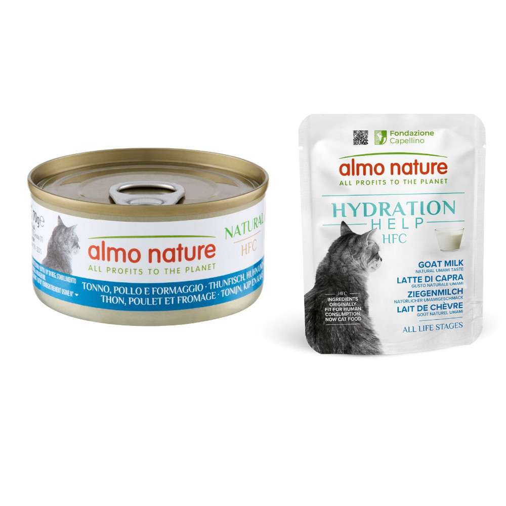12 x 70 g Almo Nature HFC Natural + 6 x 50 g Hydration Help gratis! - Thunfisch, Huhn & Käse + Ziegenmilch von Almo Nature 70g