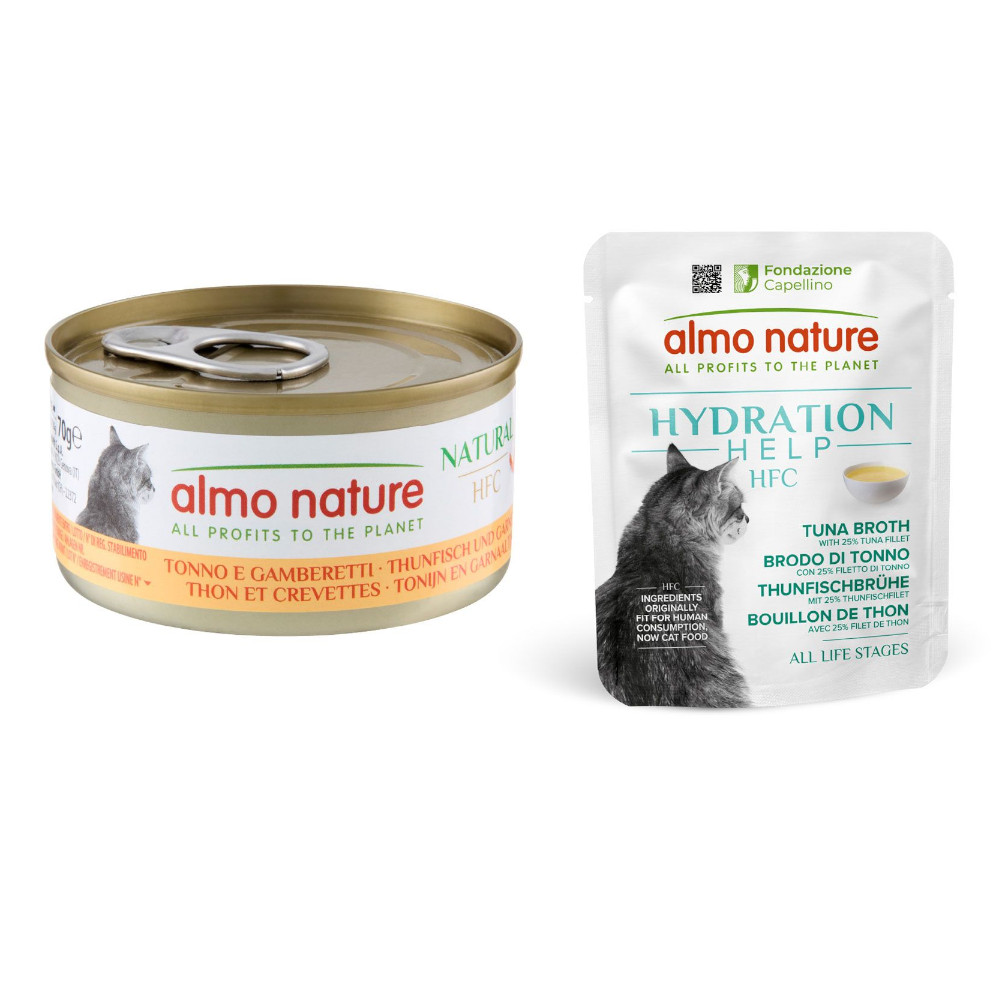 12 x 70 g Almo Nature HFC Natural + 6 x 50 g Hydration Help gratis! - Thunfisch und Garnelen + Thunfischbrühe mit Thunfischfilet von Almo Nature 70g