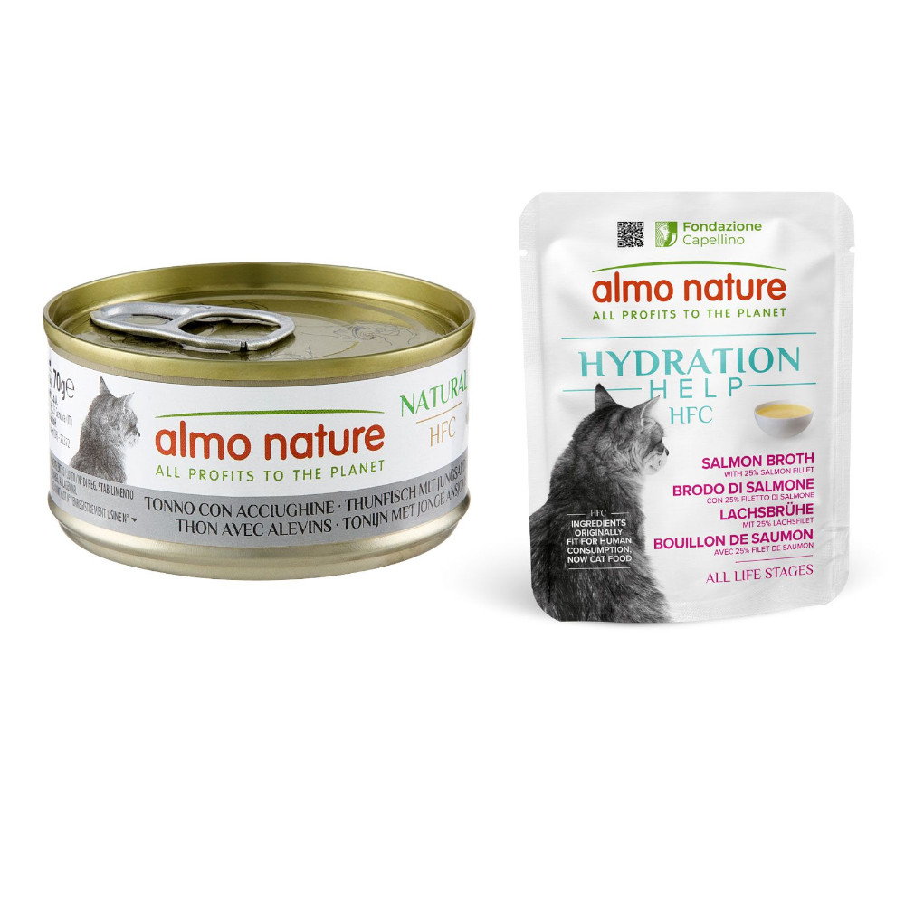12 x 70 g Almo Nature HFC Natural + 6 x 50 g Hydration Help gratis! - Thunfisch & Jungsardelle + Lachsbrühe mit Lachsfilet von Almo Nature 70g