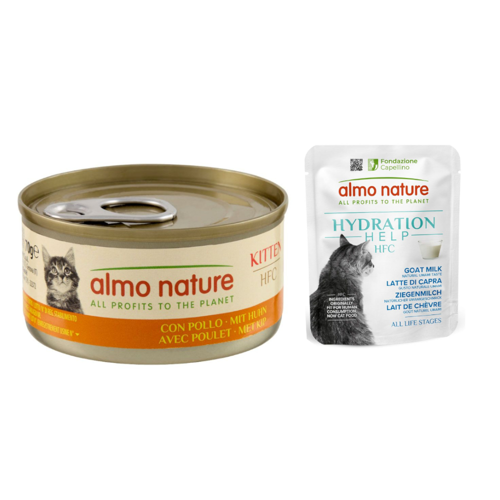 6 x 70 g Almo Nature + 6 x 50 g HFC Hydration Help zum Sonderpreis! - HFC Kitten mit Huhn + Ziegenmilch von Almo Nature 70g