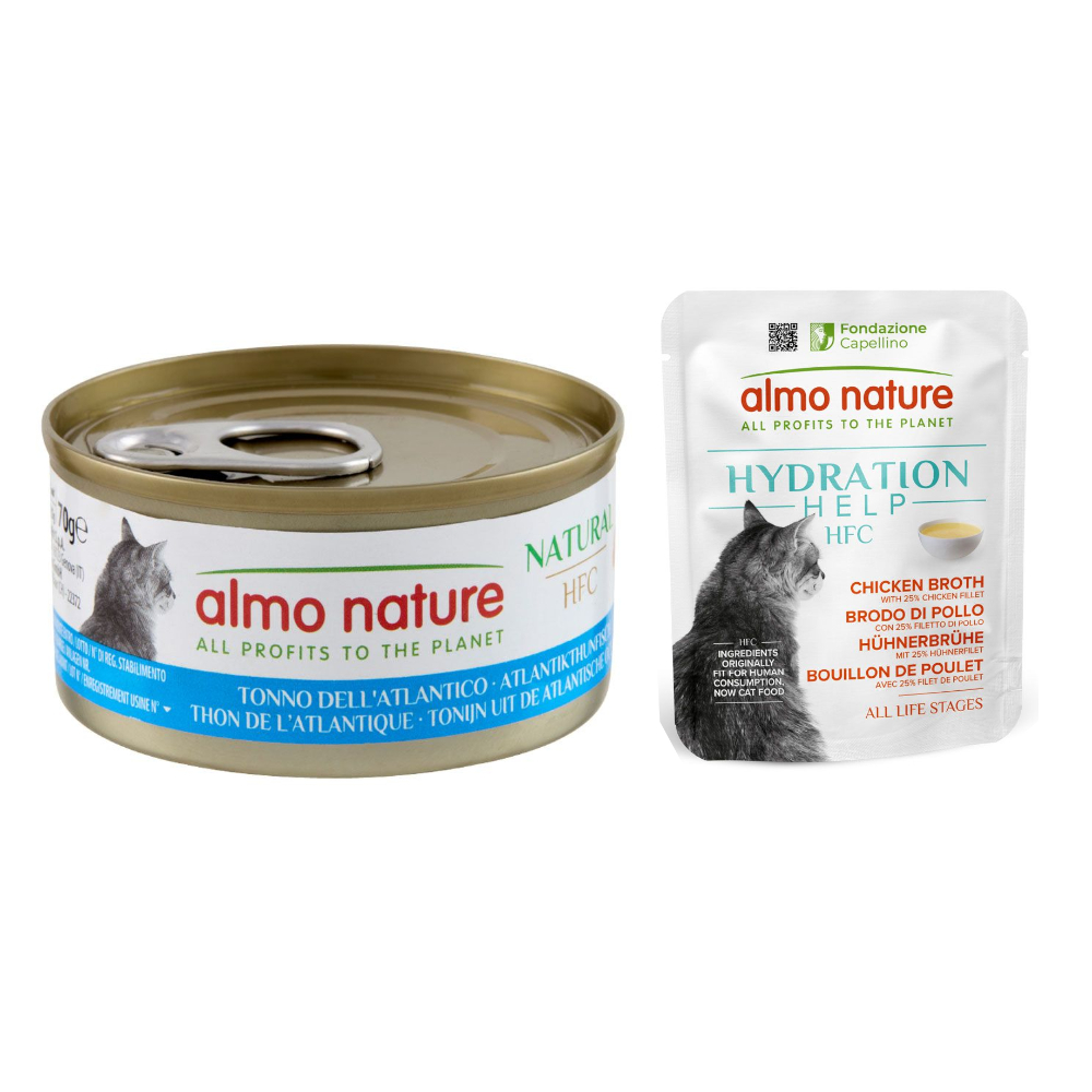 6 x 70 g Almo Nature + 6 x 50 g HFC Hydration Help zum Sonderpreis! - HFC Natural Atlantikthunfisch + Hühnerbrühe mit Hühnerfilet von Almo Nature 70g