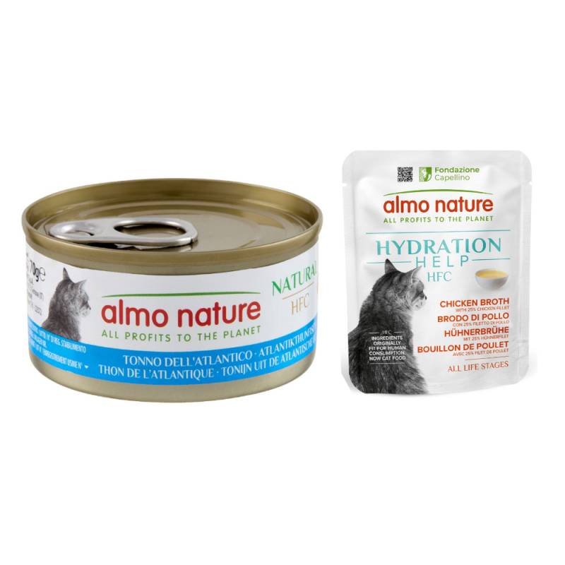 6 x 70 g Almo Nature + 6 x 50 g HFC Hydration Help zum Sonderpreis! - HFC Natural Atlantikthunfisch + Hühnerbrühe mit Hühnerfilet von Almo Nature 70g