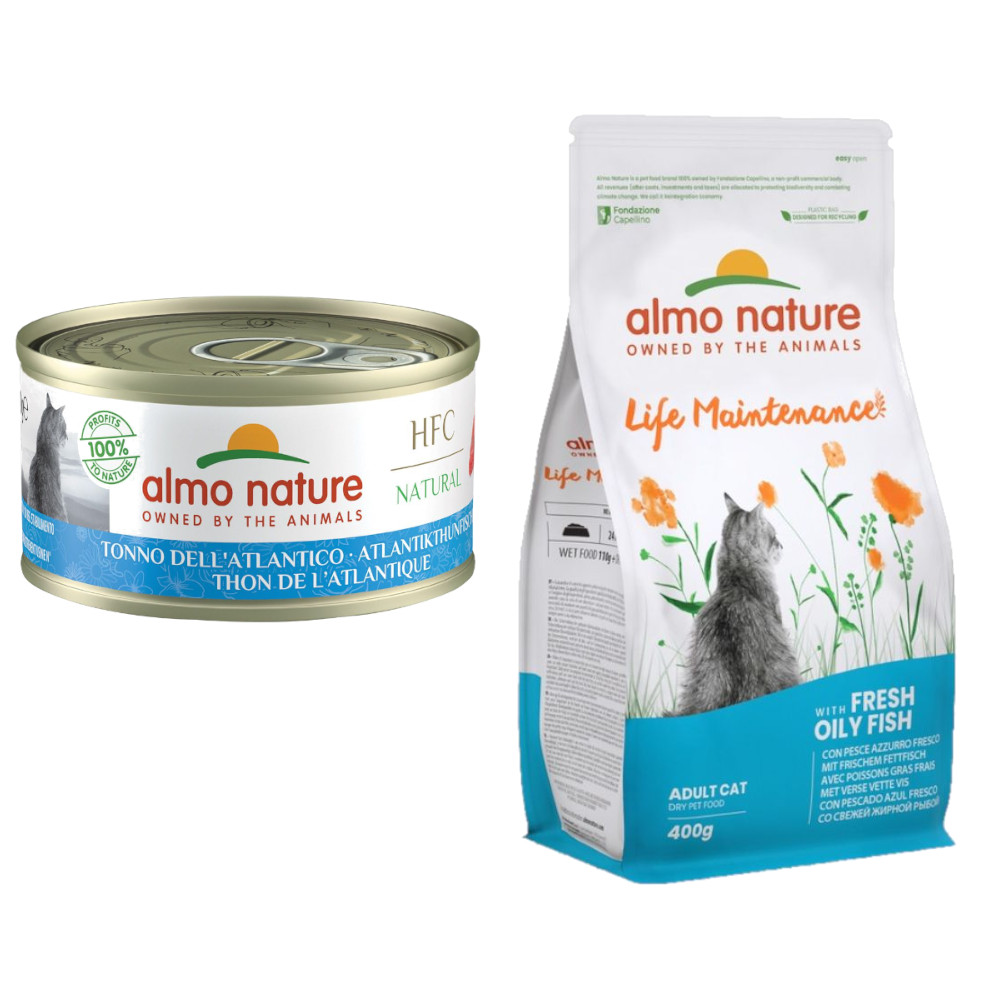 6 x 70 g Almo Nature HFC Natural + 400 g Holistic Nassfutter zum Sonderpreis! - 6 x 70 g Atlantikthunfisch + 400 g Holistic Fettfisch & Reis von Almo Nature 70g