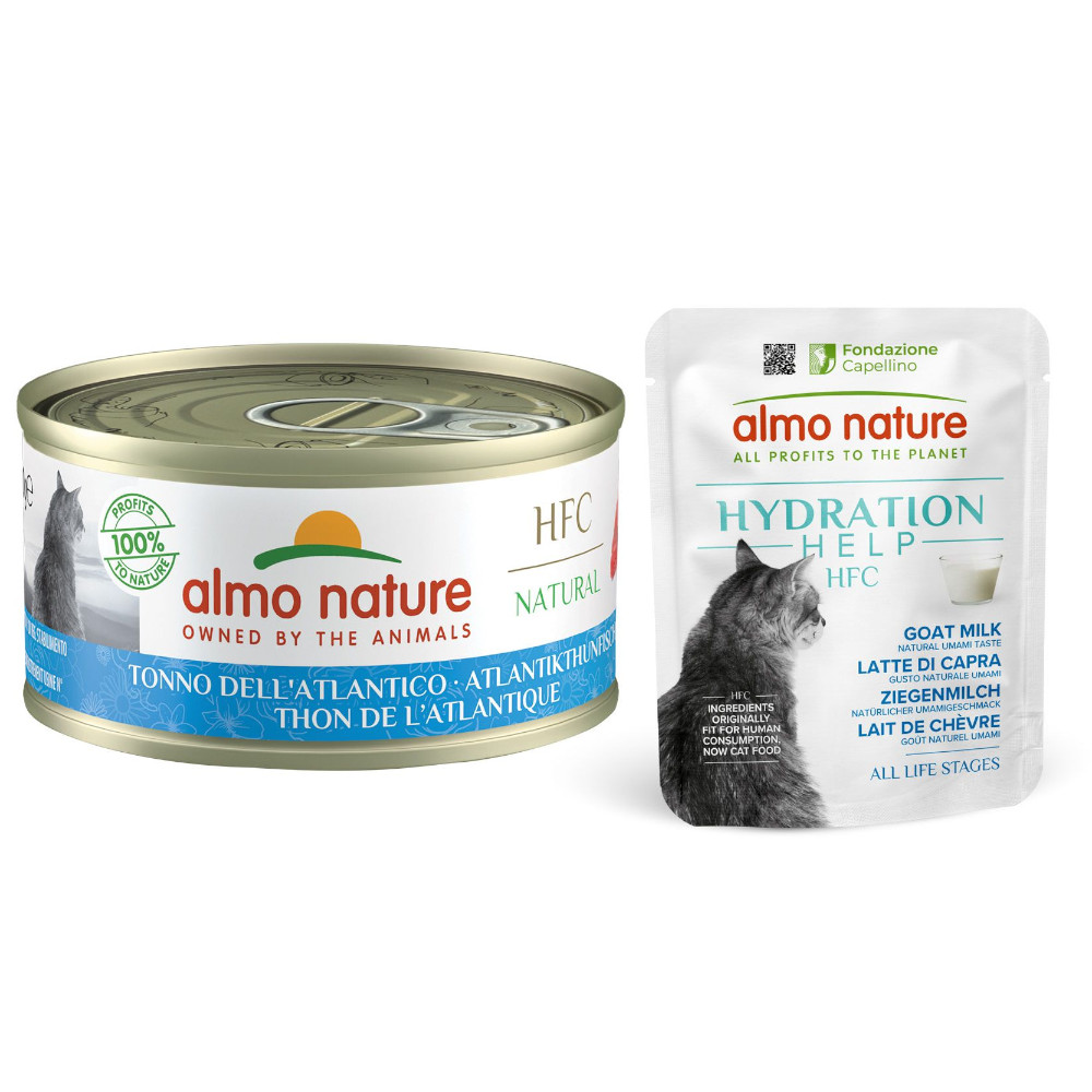 6 x 70 g Almo Nature HFC Natural + 6 x 50 g Hydration Help zum Sonderpreis! - Atlantikthunfisch + Ziegenmilch von Almo Nature 70g