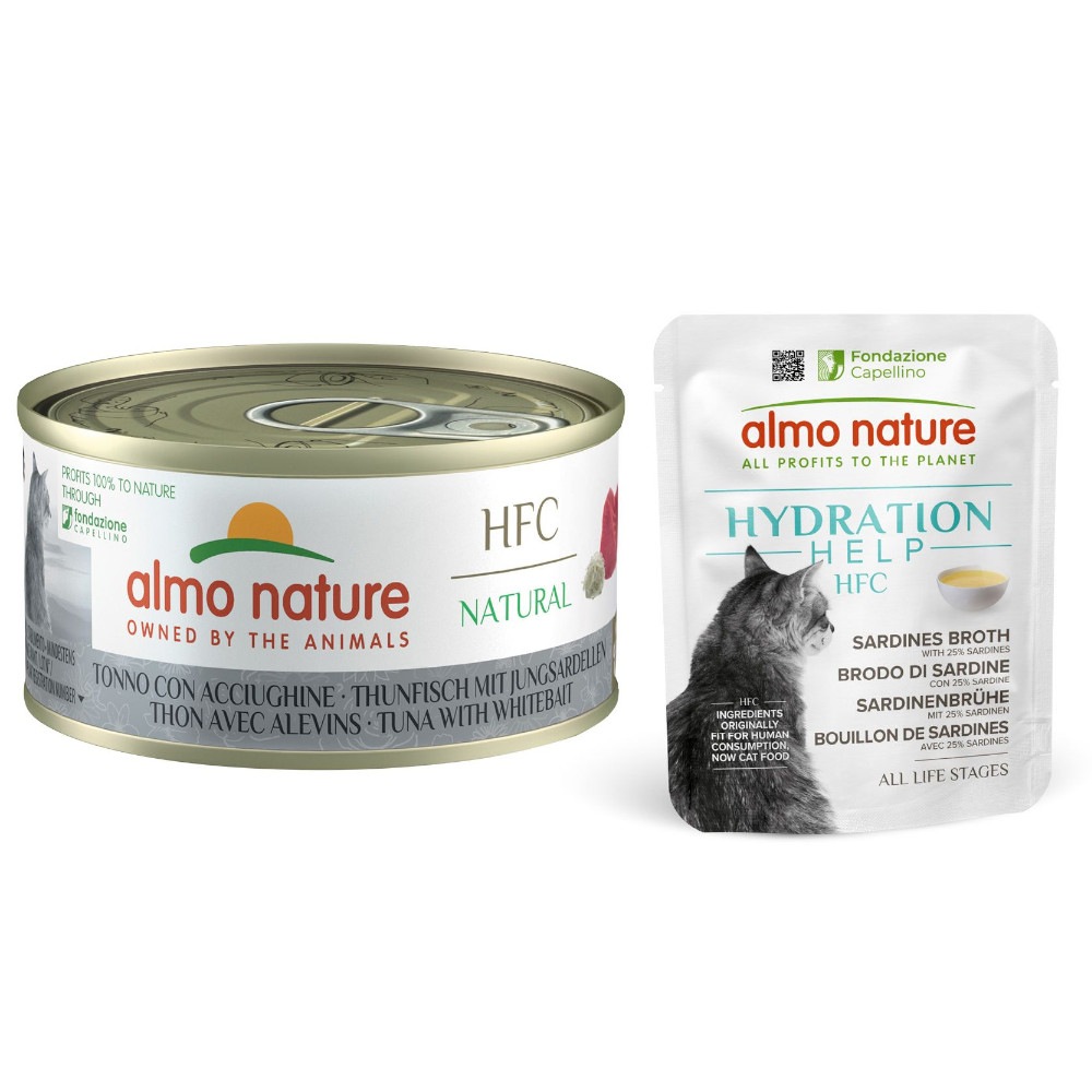 6 x 70 g Almo Nature HFC Natural + 6 x 50 g Hydration Help zum Sonderpreis! - Thunfisch & Jungsardelle + Sardinenbrühe mit Sardinen von Almo Nature 70g
