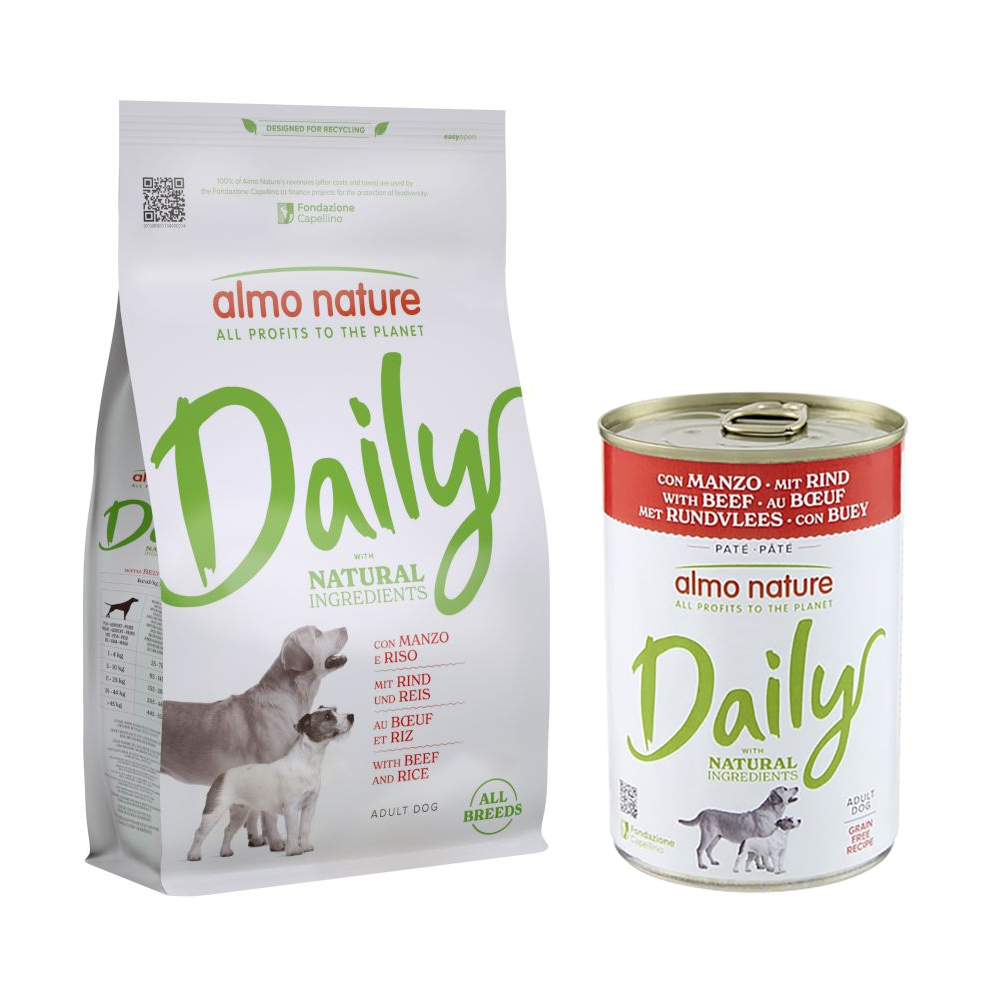 Almo Nature Daily Trockenfutter + 6 x 400 g Ausgewähltes Nassfutter zum Sonderpreis! - 1,2 kg All Breeds Rind & Reis + 6 x 400 g Rind von Almo Nature Daily