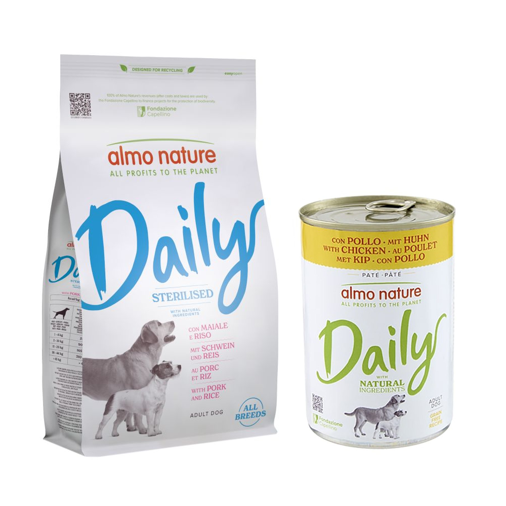 Almo Nature Daily Trockenfutter + 6 x 400 g Ausgewähltes Nassfutter zum Sonderpreis! - 1,2 kg Sterilised all Breeds Schwein & Reis + 6 x 400 g Huhn von Almo Nature Daily