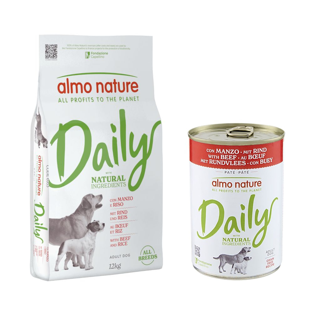 Almo Nature Daily Trockenfutter + 6 x 400 g Ausgewähltes Nassfutter zum Sonderpreis! - 12 kg All Breeds Rind & Reis + 6 x 400 g Rind von Almo Nature Daily