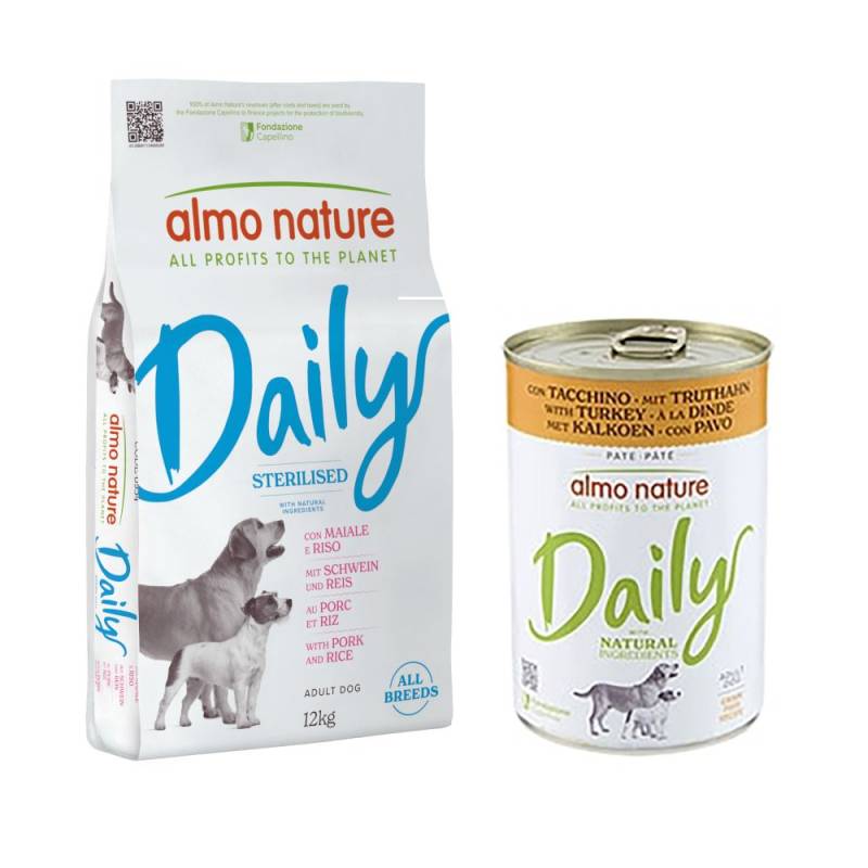 Almo Nature Daily Trockenfutter + 6 x 400 g Ausgewähltes Nassfutter zum Sonderpreis! - 12 kg Sterilised all Breeds Schwein & Reis + 6 x 400 g Truthahn von Almo Nature Daily