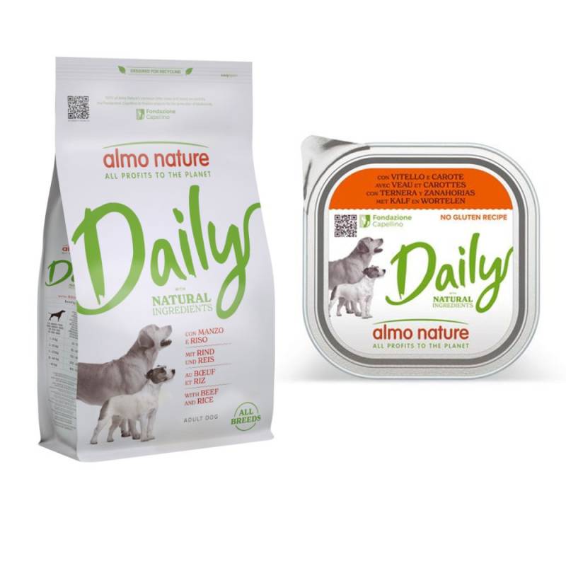 Almo Nature Daily Trockenfutter + 9 x 300 g Ausgewähltes Nassfutter zum Sonderpreis! - 1,2 kg All Breeds Rind & Reis + 9 x 300 g Kalb und Karotten von Almo Nature Daily
