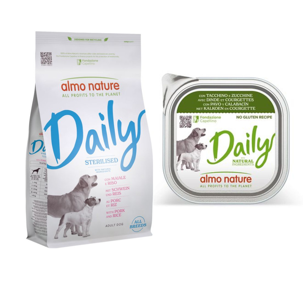 Almo Nature Daily Trockenfutter + 9 x 300 g Ausgewähltes Nassfutter zum Sonderpreis! - 1,2 kg Sterilised all Breeds Schwein & Reis + 9 x 300 g Truthahn und Zucchini von Almo Nature Daily