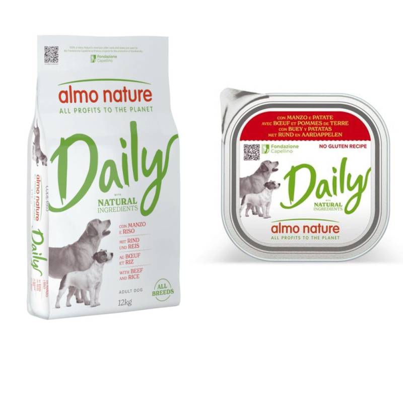 Almo Nature Daily Trockenfutter + 9 x 300 g Ausgewähltes Nassfutter zum Sonderpreis! - 12 kg All Breeds Rind & Reis + 9 x 300 g Rind und Kartoffeln von Almo Nature Daily