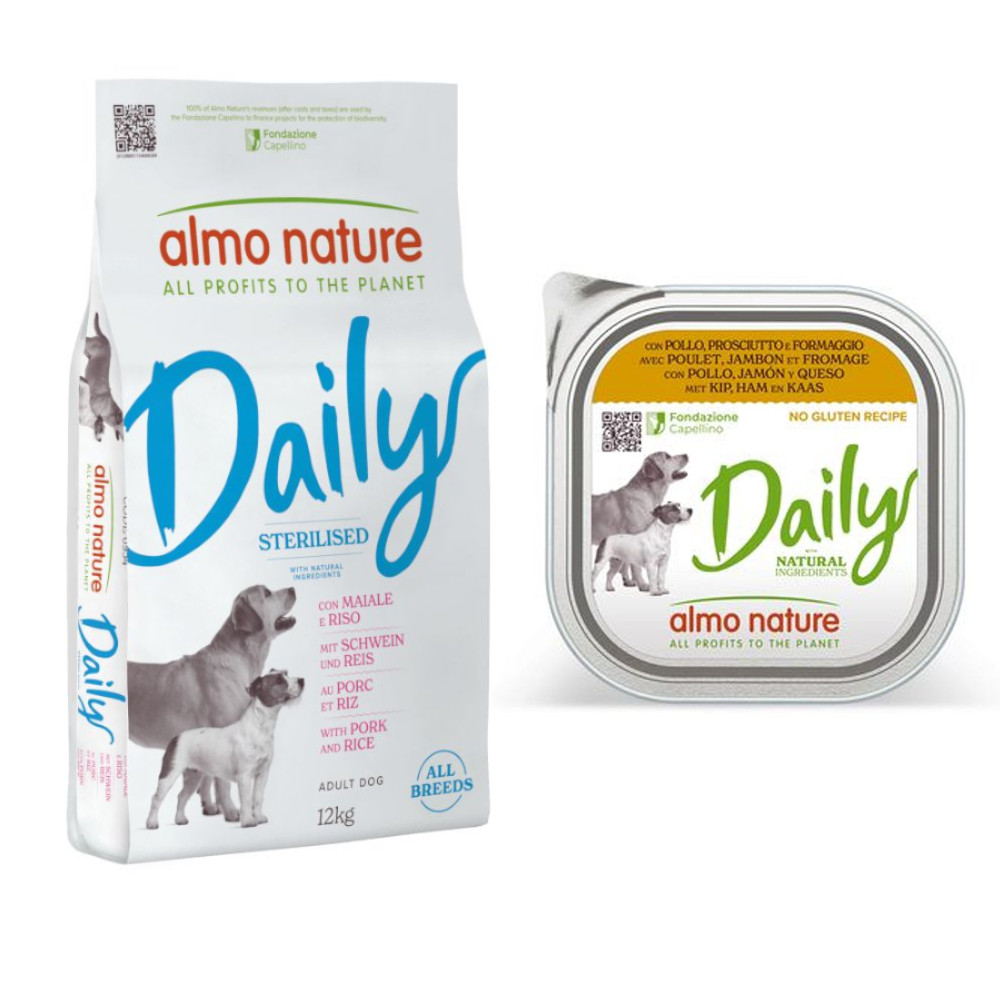 Almo Nature Daily Trockenfutter + 9 x 300 g Ausgewähltes Nassfutter zum Sonderpreis! - 12 kg Sterilised all Breeds Schwein & Reis + 9 x 300 g Huhn, Schinken und Käse von Almo Nature Daily