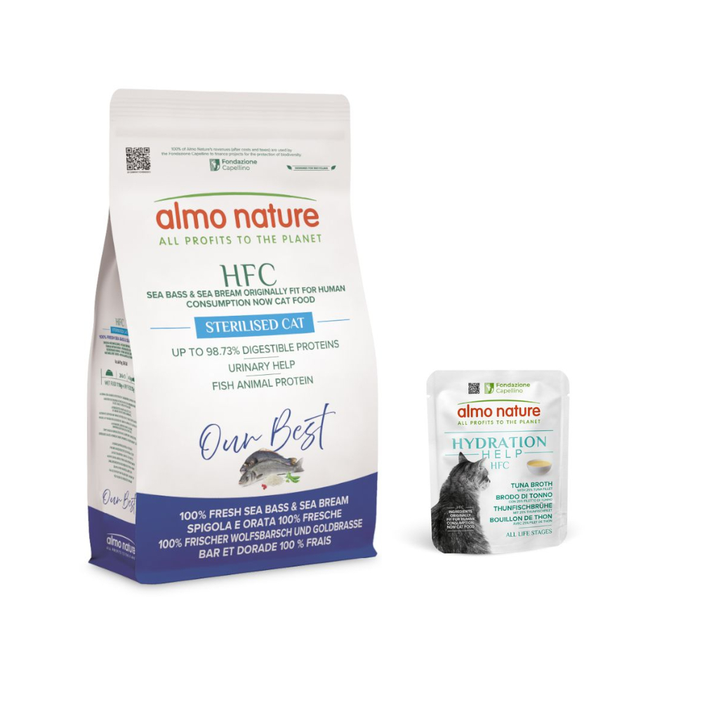 1,2 kg Almo Nature HFC + 6 x 50 g passendes Nassfutter gratis! - Longevity Sterilized Wolfsbarsch & Goldbrasse + 6 x 50 g Thunfischbrühe mit Thunfischfilet 1,2 kg Almo Nature HFC + 6 x 50 g passendes Nassfutter gratis! - Longevity Sterilized Wolfsbarsch & Goldbrasse + 6 x 50 g Thunfischbrühe mit Thunfischfilet von Almo Nature HFC