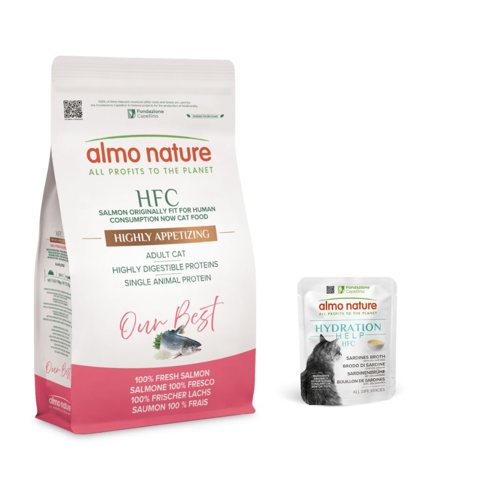 1,2 kg Almo Nature HFC + 6 x 50 g passendes Nassfutter gratis! - Our Best Highly Appetizing Salmon + 6 x 50 g Sardinenbrühe mit Sardinen von Almo Nature HFC