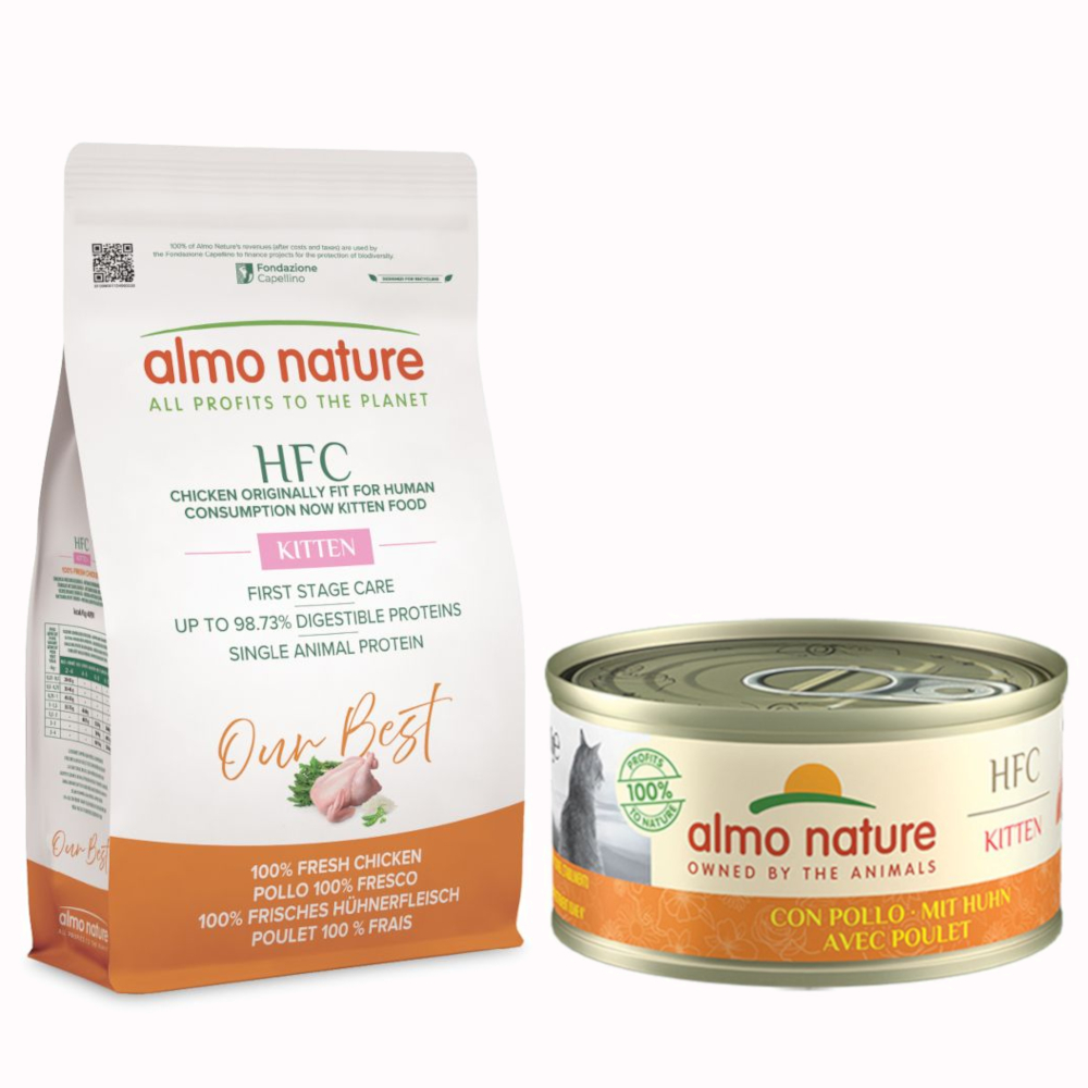 1,2 kg Almo Nature HFC + 6 x 70 g passendes Nassfutter gratis! - 1,2 kg Kitten Huhn + 6 x 70 g Natural Kitten mit Huhn von Almo Nature HFC