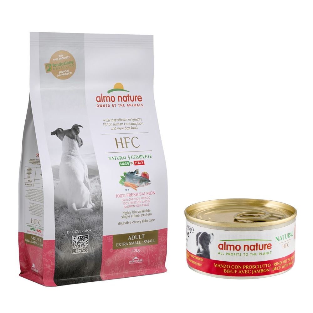 1,2 kg Almo Nature HFC Adult XS-S + 12 x 95 g Nassfutter zum Sonderpreis! - Lachs + Rind mit Schinken von Almo Nature HFC