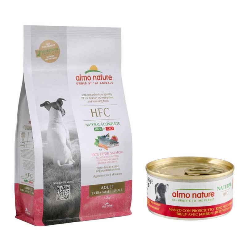 1,2 kg Almo Nature HFC Adult XS-S + 12 x 95 g Nassfutter zum Sonderpreis! - Lachs + Rind mit Schinken von Almo Nature HFC