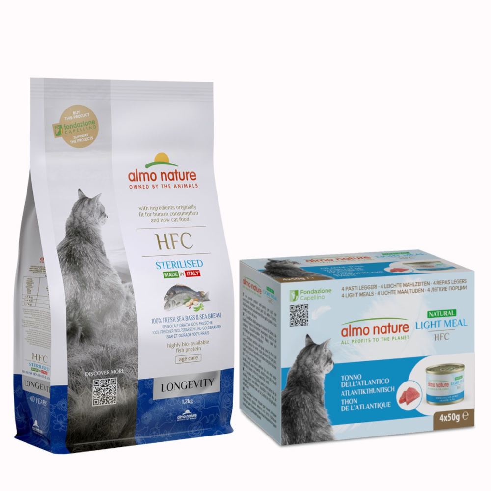 1,2 kg Almo Nature HFC Longevity Sterilized + 4 x 50 g passendes Nassfutter gratis! - Wolfsbarsch & Goldbrasse + Atlantikthunfisch von Almo Nature HFC