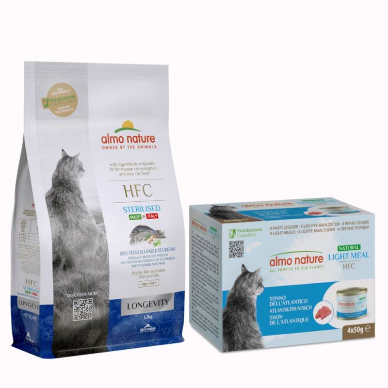 1,2 kg Almo Nature HFC Longevity Sterilized + 4 x 50 g passendes Nassfutter gratis! - Wolfsbarsch & Goldbrasse + Atlantikthunfisch von Almo Nature HFC