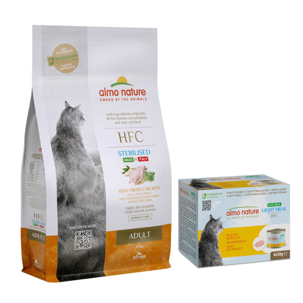 1,2 kg Almo Nature HFC Trockenfutter + 4 x 50 g Natural Light Nassfutter gratis! - Adult Sterilized Huhn + Hühnerfilet von Almo Nature HFC