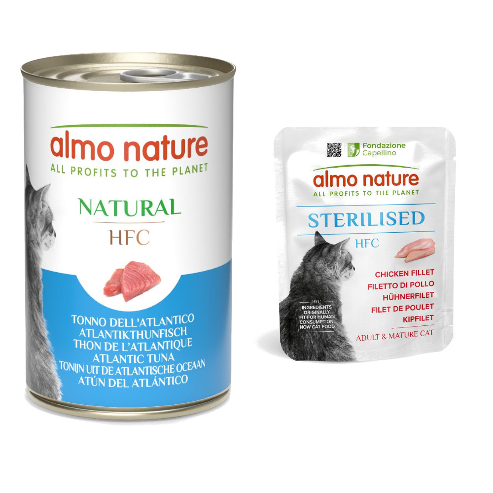 6 x 140 g Almo Nature HFC Dose + 6 x 50 g Beutel zum Sonderpreis! - 6 x 140 g Natural Atlantikthunfisch + 6 x 50 g Sterilised Hühnerfilet von Almo Nature HFC