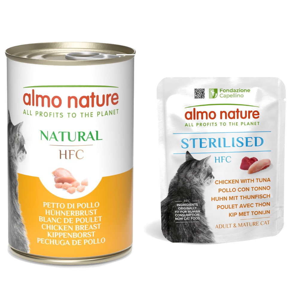 6 x 140 g Almo Nature HFC Dose + 6 x 50 g Beutel zum Sonderpreis! - 6 x 140 g Natural Hühnerbrust + 6 x 50 g Sterilised Huhn mit Thunfisch von Almo Nature HFC