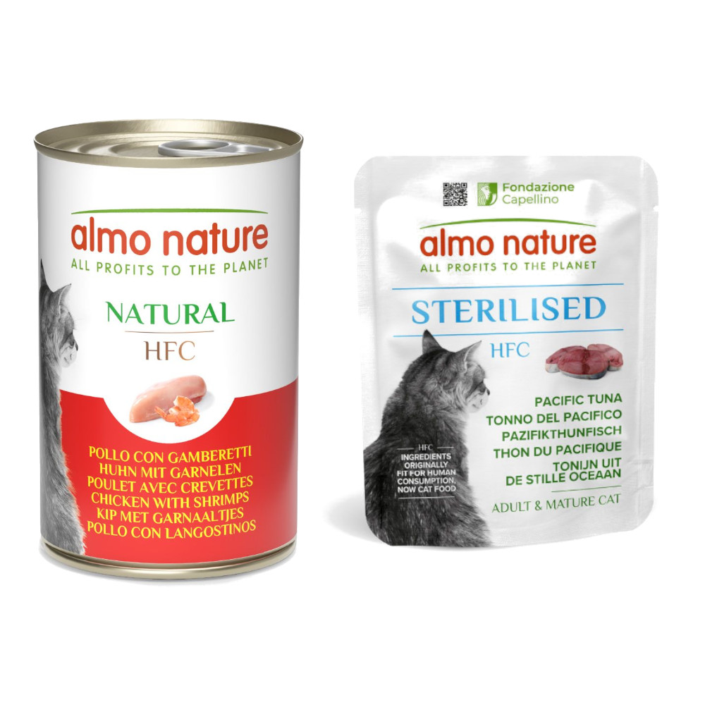 6 x 140 g Almo Nature HFC Dose + 6 x 50 g Beutel zum Sonderpreis! - 6 x 140 g Natural Huhn mit Garnelen + 6 x 50 g Sterilised Pazifikthunfisch von Almo Nature HFC