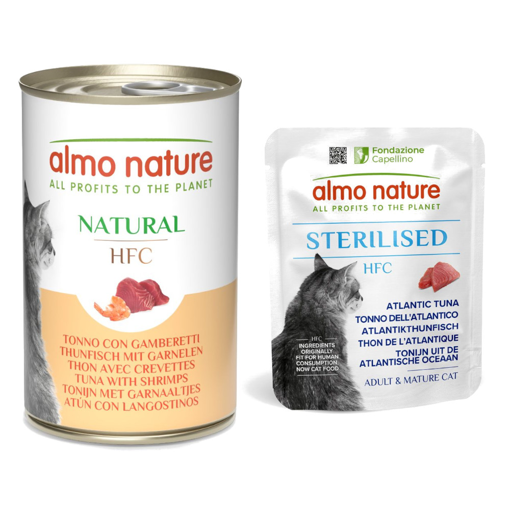 6 x 140 g Almo Nature HFC Dose + 6 x 50 g Beutel zum Sonderpreis! - 6 x 140 g Natural Thunfisch mit Garnelen + 6 x 50 g Sterilised Atlantikthunfisch von Almo Nature HFC