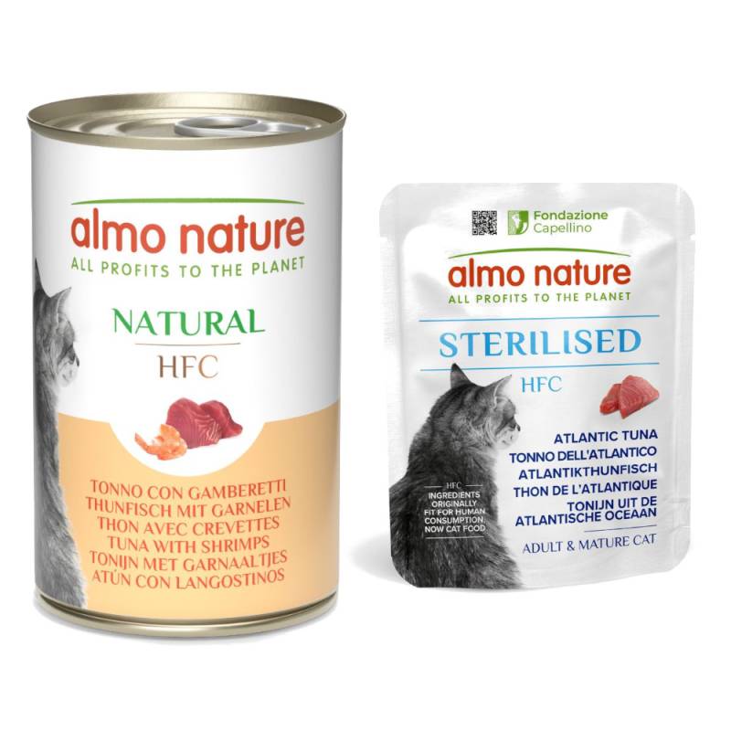 6 x 140 g Almo Nature HFC Dose + 6 x 50 g Beutel zum Sonderpreis! - 6 x 140 g Natural Thunfisch mit Garnelen + 6 x 50 g Sterilised Atlantikthunfisch von Almo Nature HFC