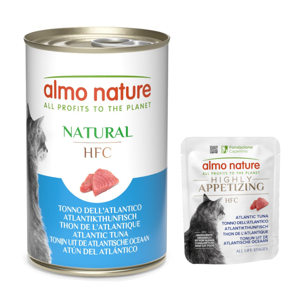 6 x 140 g Almo Nature HFC Natural + 6 x 50 g Nassfutter zum Sonderpreis! - Atlantikthunfisch + Highly Appetizing Atlantikthunfisch von Almo Nature HFC