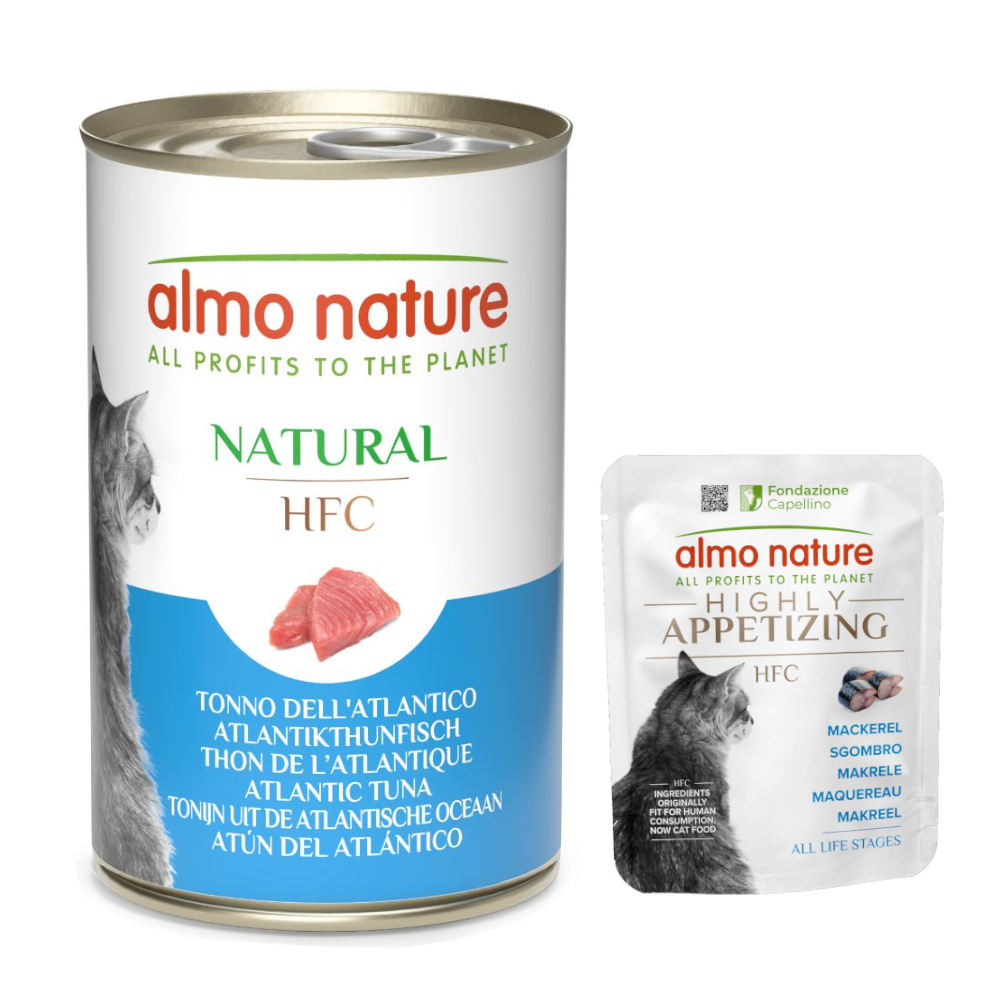 6 x 140 g Almo Nature HFC Natural + 6 x 50 g Nassfutter zum Sonderpreis! - Atlantikthunfisch + Highly Appetizing Makrele von Almo Nature HFC